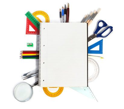 A set of office tools on the notebook to take notes. With a plac