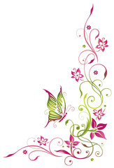 Fototapeta na wymiar Ranke mit Blumen und Schmetterling. Sommer, grün, pink.