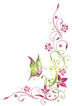Ranke mit Blumen und Schmetterling. Sommer, grün, pink.