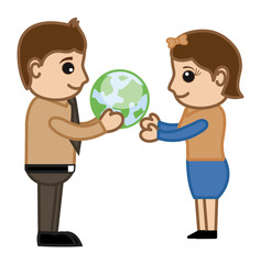 Man Presenting Globe to Lady - Cartoon Office Vector