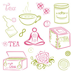Vektor Set mit Tee, Teebeutel, japanischen Kirschblüten und Lotusblüten. Yoga.