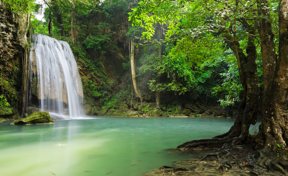 Deep forest waterfall in Kanchaburi, Thailand