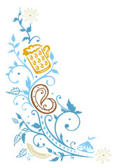 Blätterranke zum Oktoberfest. Ranke mit Bier, Brezel und Edelweiß.