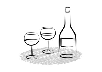 Two wine glasses and bottle