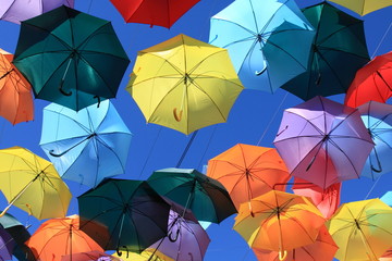Street decorated with colored umbrellas, Madrid, Getafe, Spain