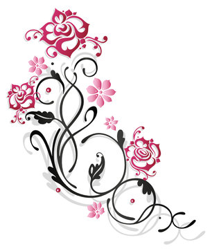 Zarte Ranke mit Rosen, Blumen und Blättern. Rosenranke, pink.