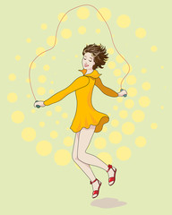 girl  in yellow dress   is jumping rope