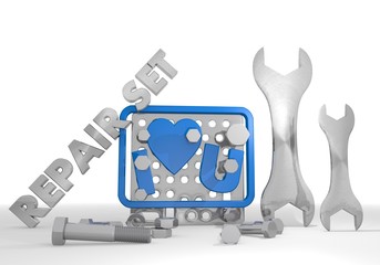 3d graphic of a mechanical I love you symbol repair set