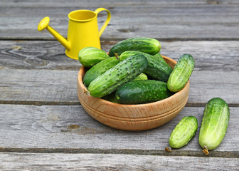 Fresh cucumbers in a wooden bowl