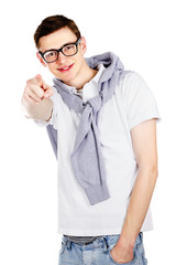 Closeup of a man pointing at you, isolated on white background