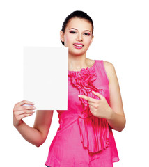 A smiling woman with a blank, isolated on white background