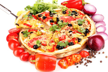 Delicious pizza with ingredients around isolated on white
