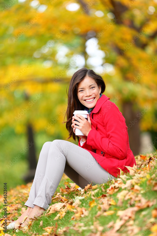 Sticker happy woman drinking coffee in fall forest outdoor