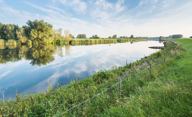 Blue sky and trees reflected in river