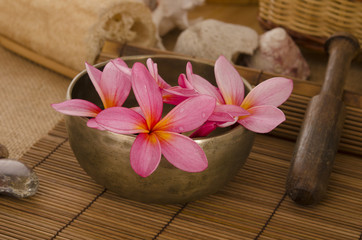 Fototapeta na wymiar tropical spa setup with traditional frangipani flower and massag