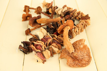 Dried mushrooms on wooden background
