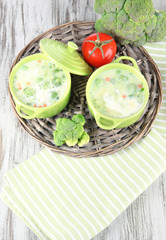 Cabbage soup in plates on braided tray on napkin on wooden