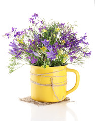 Beautiful bouquet of wildflowers in cup, isolated on white