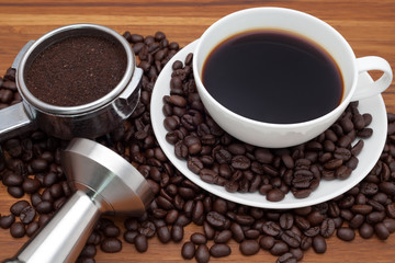 Coffee cup with portafilter and  tamper