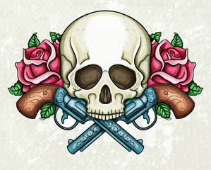 Skull, crossed guns and roses