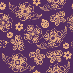 Fototapeta na wymiar Spring seamless pattern with flowers and ladybirds.