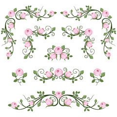 Vintage calligraphic vignettes with pink roses. Vector.