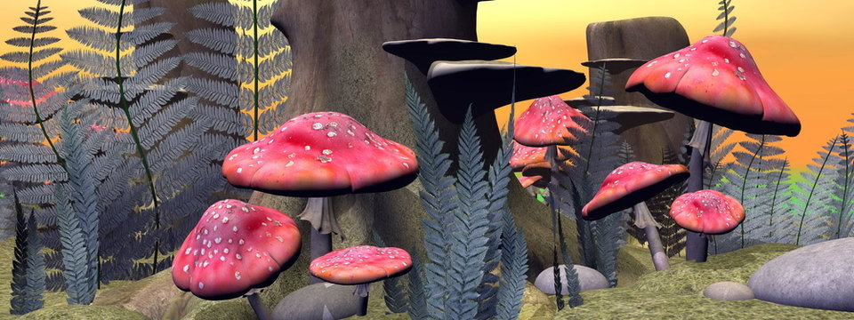 Fly agaric mushrooms in the forest - 3D render