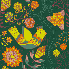 Seamless texture with flowers, birds and butterflies. Seamless p