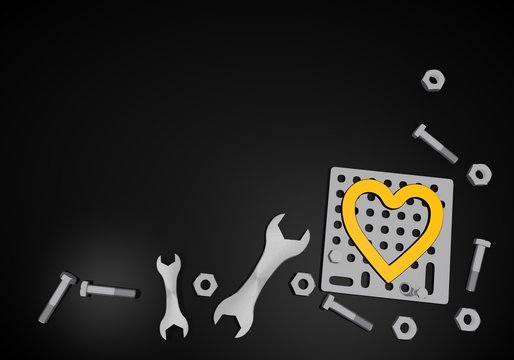 Illustration of a loving heart icon on black technic background