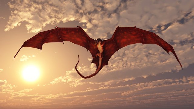 Red Dragon Attacking from a Sunset Sky