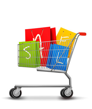 Shopping bags with sale in shopping cart. Concept of discount. V