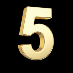 Number five - golden number isolated on black with clipping path