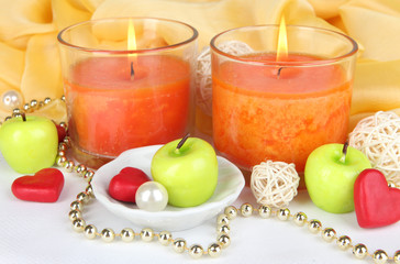Romantic lighted candles close up