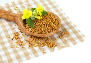 Foto auf Acrylglas Mustard seeds in wooden spoon with mustard flower isolated © Africa Studio