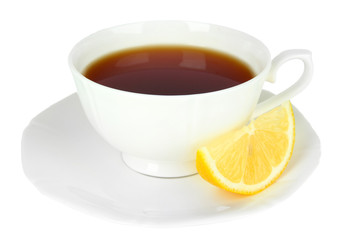 Cup of tea with lemon isolated on white