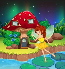 Cercles muraux Fées et elfes Une fée volant près de la maison aux champignons rouges