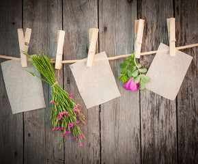 medicine herbs and paper attach to rope  on wooden background