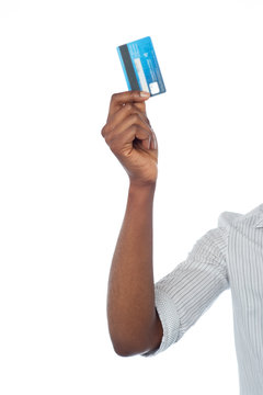 Han holding out debit card, cropped image