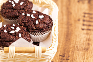 Vegan chocolate muffins in a basket