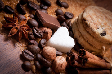 Various kinds of sugar, nuts and coffee beans