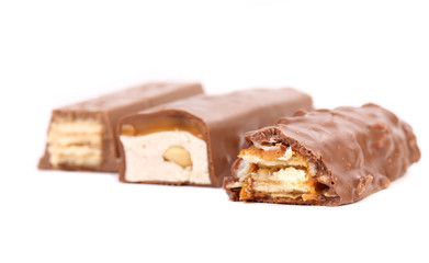 Different slices bar of chocolate. Close up.