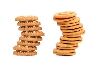 Two stacks of different biscuits.