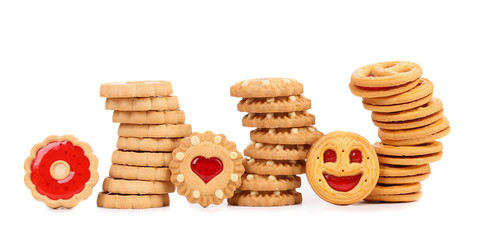 Three stacks of different biscuits.