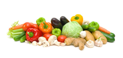 still life of vegetables and mushrooms on a white background
