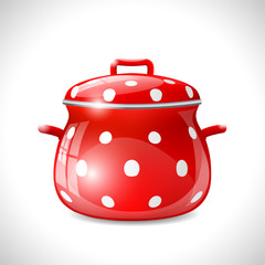 red pot with white dots