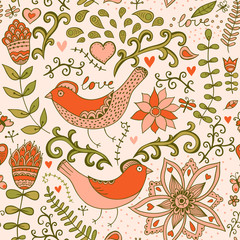 Seamless texture with flowers and birds. Endless floral pattern.