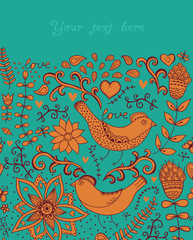 Illustration with flowers, birds, hearts and butterflies.Romanti