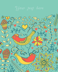 Illustration with flowers, birds, hearts and butterflies.Romanti