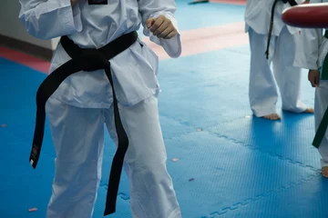 Papier Peint photo Lavable Arts martiaux Taekwondo player practices kicking in gym