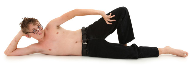 Flirty confident geeky teen boy over white with clipping path.